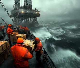 Boot in rauher See vor einer Offshore-Plattform