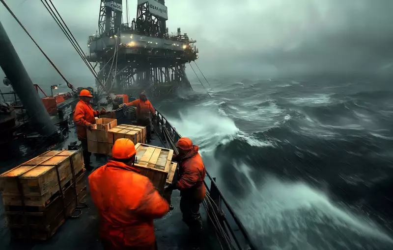 Boot in rauher See vor einer Offshore-Plattform